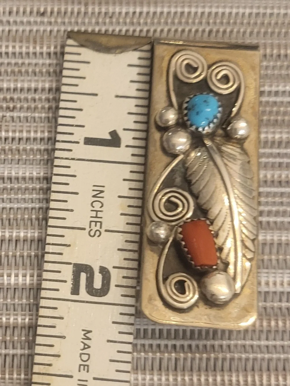 Handcrafted Sterling Silver Feather $ Clip Turquoise and Coral Stones